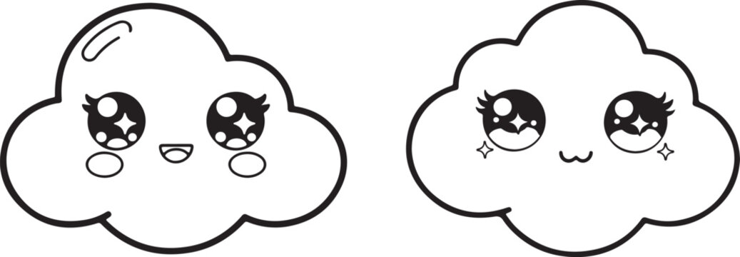 Two cute cartoon clouds with faces, eyes, and mouths, expressing happiness and joy