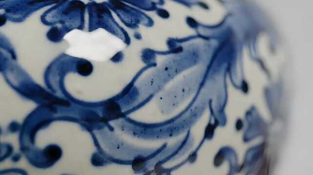 Closeup of Blue and White Ceramic Pattern with Floral Motifs.