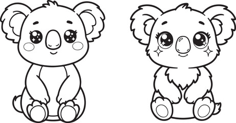 Obraz premium Adorable cartoon koala bear illustration, sitting and smiling, black and white line art