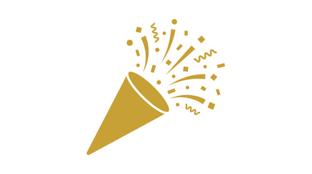 Golden confetti popper exploding with festive streamers and dots isolated on white background