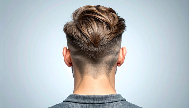 Rear view of a man with modern undercut hairstyle, light brown, styled on pale gray