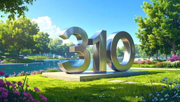 Large chrome numbers "310" sit on a green lawn near water and flowers, surrounded by trees