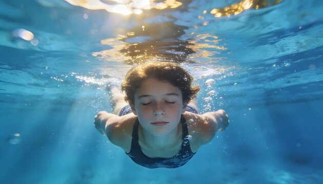 Underwater photo of a young girl swimming with eyes closed in a clear blue pool, bright sunlight shining through the water surface creating bubbles and light rays around her.