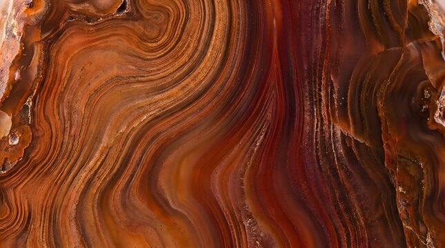 Brown and red agate mineral slice showing detailed wavy concentric bands and natural crystalline textures in a macro view for professional background and luxury interior design elements.