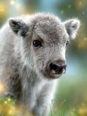 Naklejka premium Baby Wisent With Soft Eyes Standing in a Grassy Field During Daylight