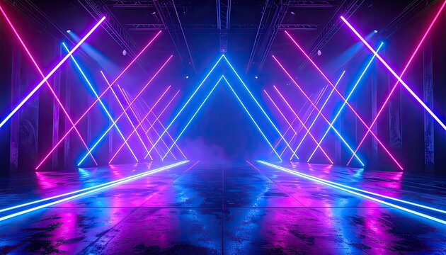An empty concert stage illuminated by bright neon lights.