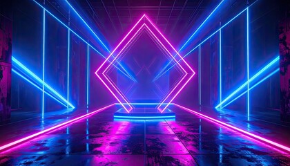 Fototapeta premium A futuristic neon-lit corridor with diamond-shaped frames and a reflective floor.