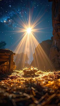 A radiant star shines down on a manger filled with hay, illuminating the humble birthplace of Jesus.