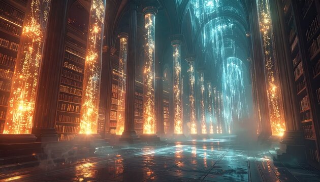 Grand library with illuminated pillars, filled with books and mystical light