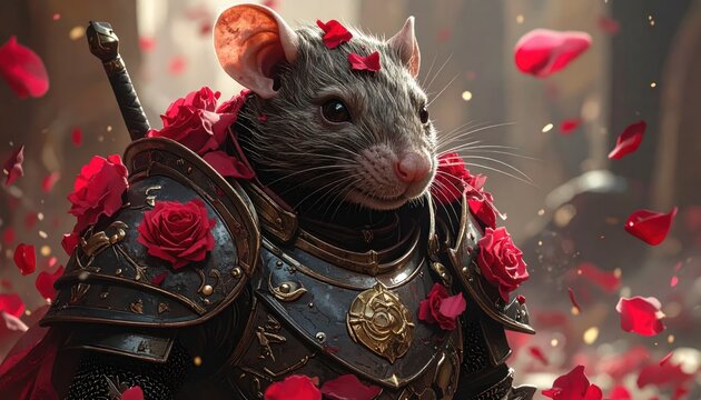A charming armored rat, adorned with roses, amidst falling petals, looking determined
