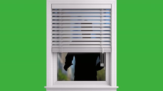 Nervous man looking into window green screen