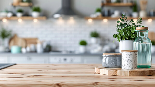 Close-up of a blurred modern kitchen interior background for residential property presentation, kitchen background concept, blurred interior photography, real estate background