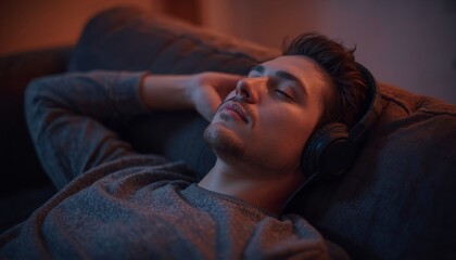 Obraz premium There is a man laying on a couch with headphones on