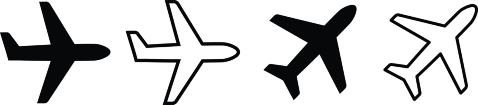Airplane icon set. Plane, flight transport, travel, aircrafts symbol vector stock