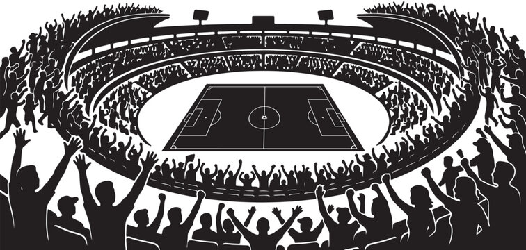 Black and white silhouette illustration of a large stadium filled with cheering fans watching a soccer game match on the field