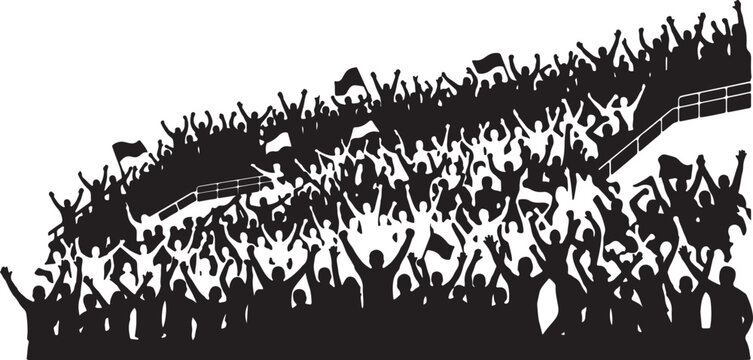 Large crowd of happy people cheering and celebrating with hands raised in a stadium at a sports event or concert