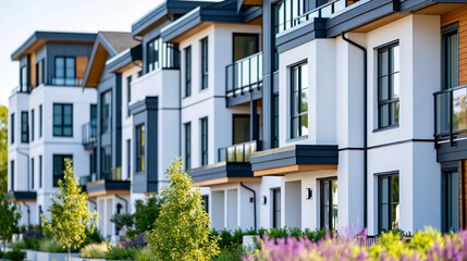 Obraz premium Close-up of a luxury residential area with elegant townhouses for upscale neighborhood print, townhouse exterior concept, upscale townhouse photography, residential architecture