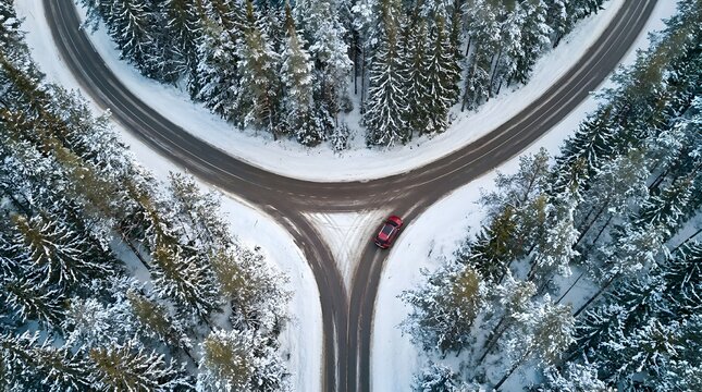 Red car driving through a snowy Y-junction road in a dense coniferous forest under an overcast winter sky from a high aerial drone perspective for travel and transportation concept use.