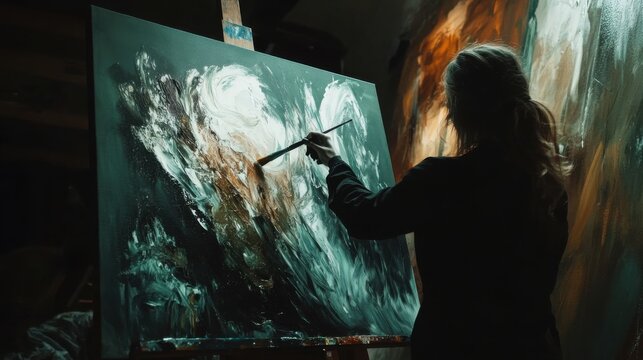 An artist immersing herself in creating expressive artwork in studio setup