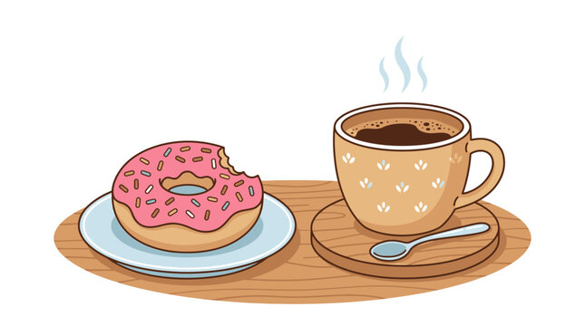Donut with pink frosting and coffee.
