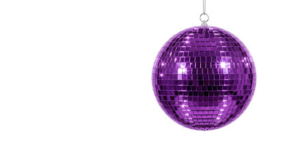 Fototapeta premium Sparkling purple disco ball isolated on white background, shiny violet mirror ball for party, night club dance floor, retro 70s disco theme and celebration decor.