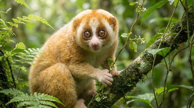 Slow loris clinging to a mossy branch in a lush green jungle environment, showcasing its distinctive facial markings and large nocturnal eyes in a detailed three-quarter view close-up.