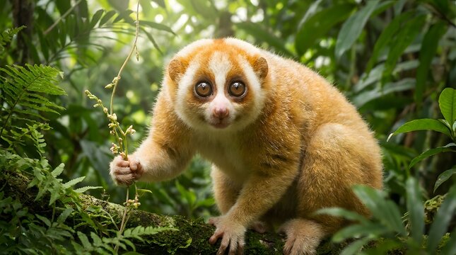 Slow loris sitting on a mossy tree branch in a dense tropical rainforest, holding a small plant with its hand and looking forward with large eyes in a close-up portrait shot.