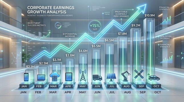 Corporate earnings growth analysis with monthly business performance dashboard and exponential increase
