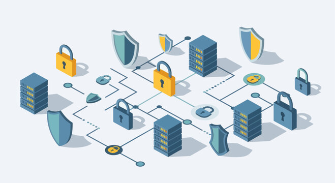 Digital Network Security System with Servers and Locks.