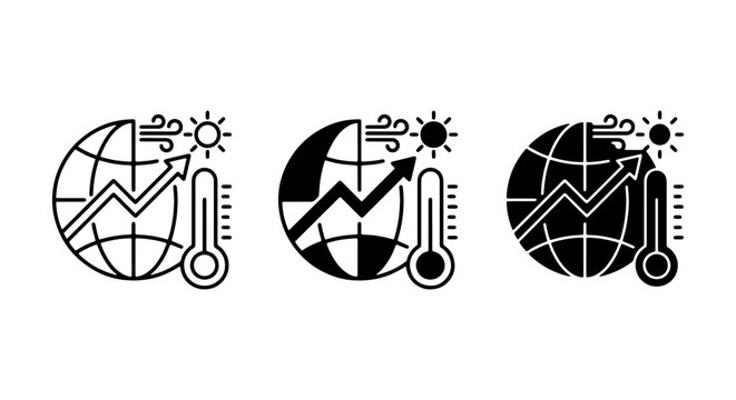 Global Warming Icons: Earth Climate Change, Thermometer, Rising Graph, Sun, Wind, Vector Set