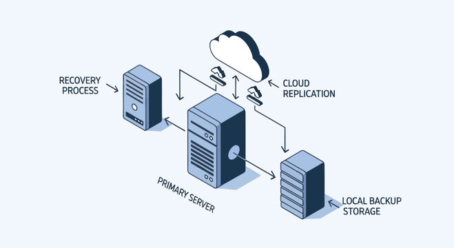 Data backup and recovery system diagram with servers and cloud.