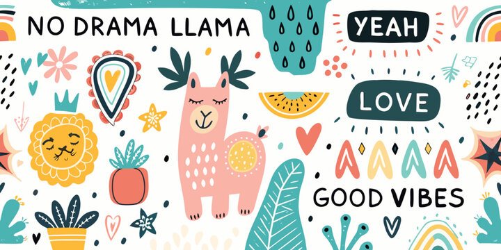 Floral Ornament And Animal Doodle Pattern With Handwritten Text Elements