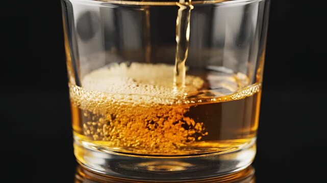 Amber liquid being poured into a clear glass creating foam and bubbles.