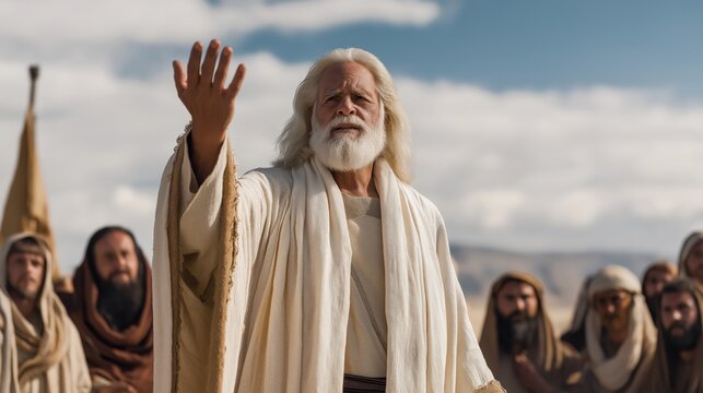 Moses calling Israel to covenant faithfulness on the plains near the Jordan, urging commitment and obedience to God before entering the Promised Land (Deuteronomy).