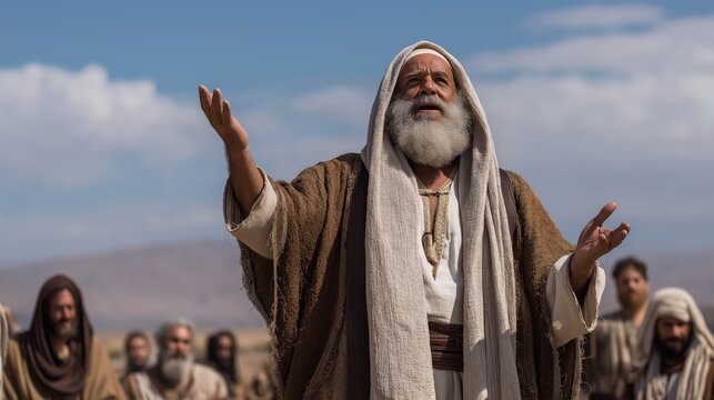 Moses calling Israel to covenant faithfulness on the plains near the Jordan, urging commitment and obedience to God before entering the Promised Land (Deuteronomy).