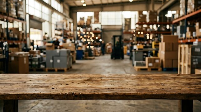 wood table floor warehouse inventory defocus blur background  
