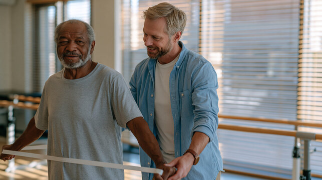 Occupational therapist guides a stroke survivor through assisted resistance band exercises in a rehabilitation clinic, parallel bars visible in the background, afternoon light through therapy room b