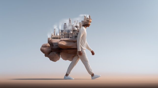 Colossal human figure carrying layers of civilization on their back, symbolizing inherited history, progress, and the burden of humanity.