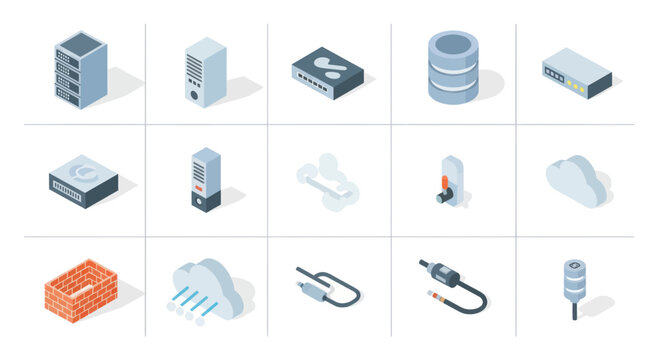 Collection of isometric technology icons for digital data storage and networking.