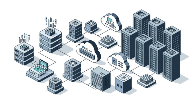 Modern data center server racks and cloud computing icons network.