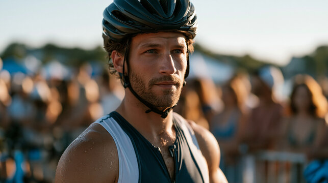 First-time triathlon participant transition zone moment as amateur competitor fumbles cycling shoes while dripping from open-water swim, number bib crooked and helmet buckle tangling, crowd of spect