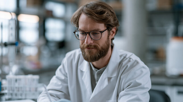 Biochemical engineer at a lab bench isolating a newly directed-evolved cellulase enzyme using affinity chromatography columns, fraction collection tubes labeled on a rack, enzyme activity assay resu