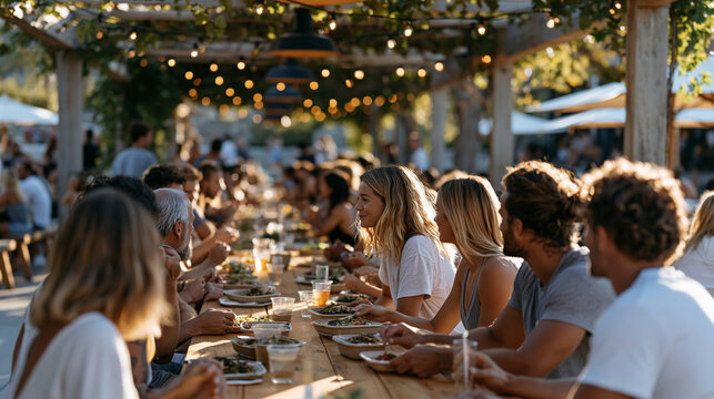 Athletes from various age groups share a post-workout meal at long wooden communal tables outside a gym, conversation animated and food containers mixed between plant-based and omnivore options, aut