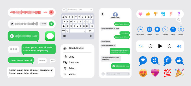 Messages app layout with text conversation bubbles, Emoji, Voice Messaging and keyboard UI mockup. iOS message app user interface template. vector