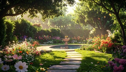 Obraz premium Serene garden scene, sunny with a stone path, pond, flowers, and lush greenery