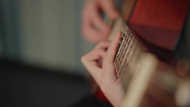Closeup acoustic guitar fretboard finger technique, student practicing scales in quiet studio, nylon strings on warm wooden body, detailed hand and wrist movement, slow motion focus on dexterity