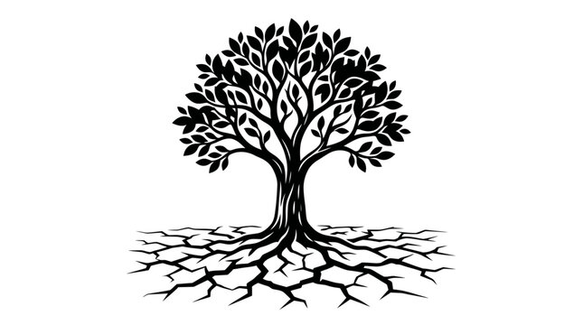 Black and white tree with roots.