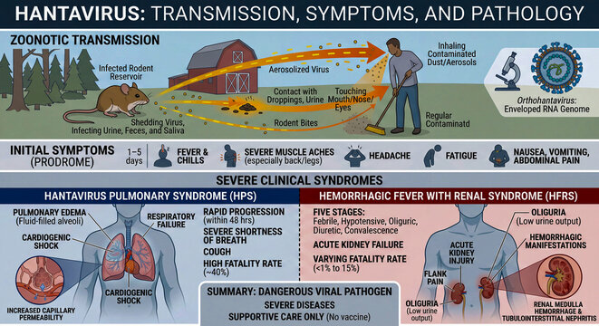 Hantavirus transmission, symptoms and pathology graphic diagram