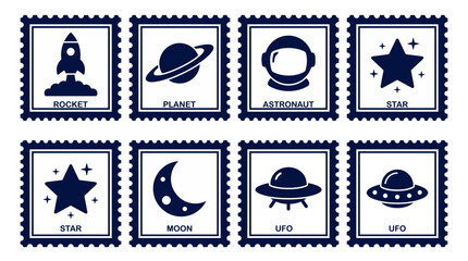 Space postage stamp icon set with rocket ship, saturn planet, astronaut helmet, shining star, crescent moon, and alien ufo vector silhouettes © TamoorVirk