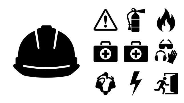 Industrial safety gear icon set, construction hard hat helmet, first aid kit badge, fire emergency hazard protective equipment vector